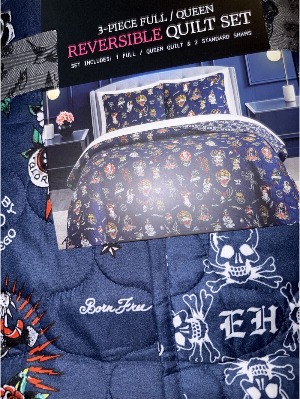Ed Hardy 3pc FULL/QUEEN Reversible Quilt Blanket & Shams Set Skulls,Roses &Tiger - Picture 2 of 6